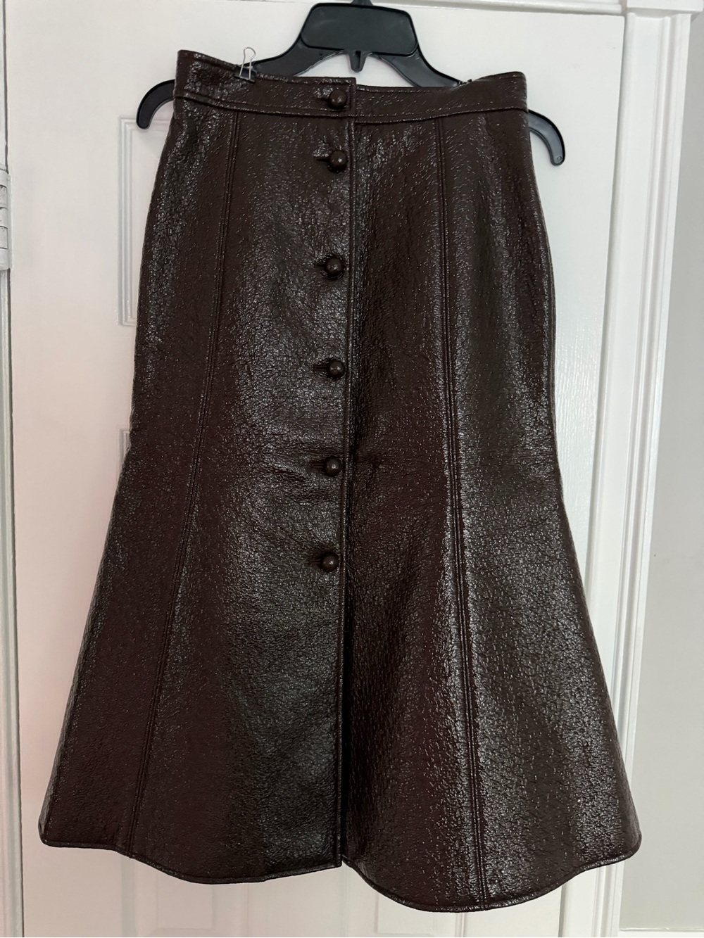 Françoise Paris Leather Button-Front Brown A-Line Skirt